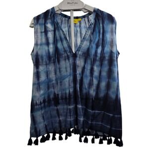 Roller Rabbit Womens Blue Tie Dye Cotton Sleeveless Tassel Hem Boho Top Size M